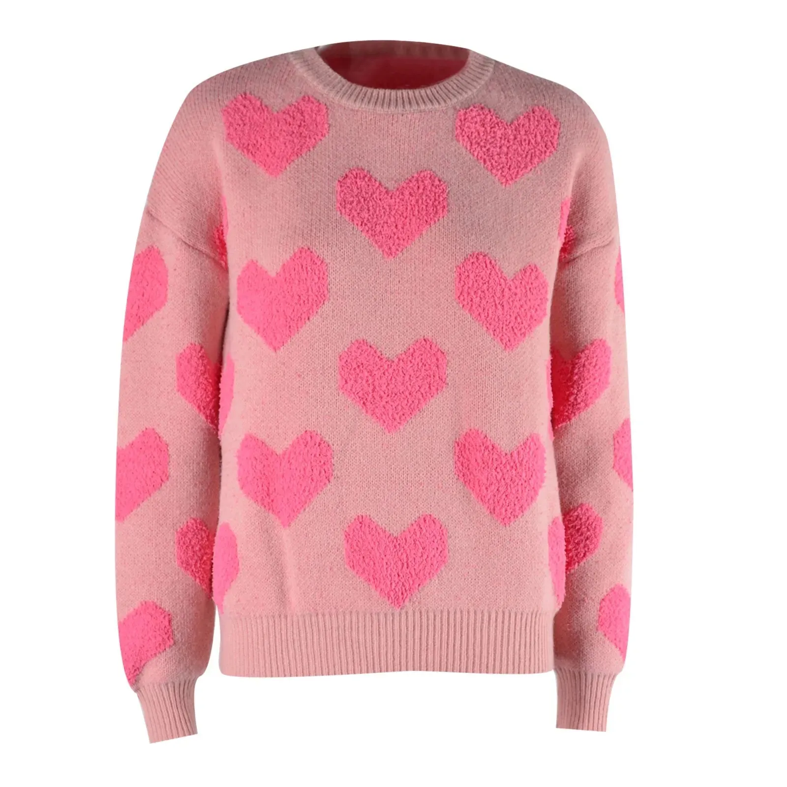 Casual Cozy Loose Pink Heart Pattern Comfortable Long Sleeve Fashionable Stylish Sweater