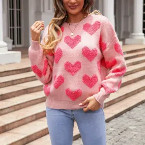 Casual Cozy Loose Pink Heart Pattern Comfortable Long Sleeve Fashionable Stylish Sweater