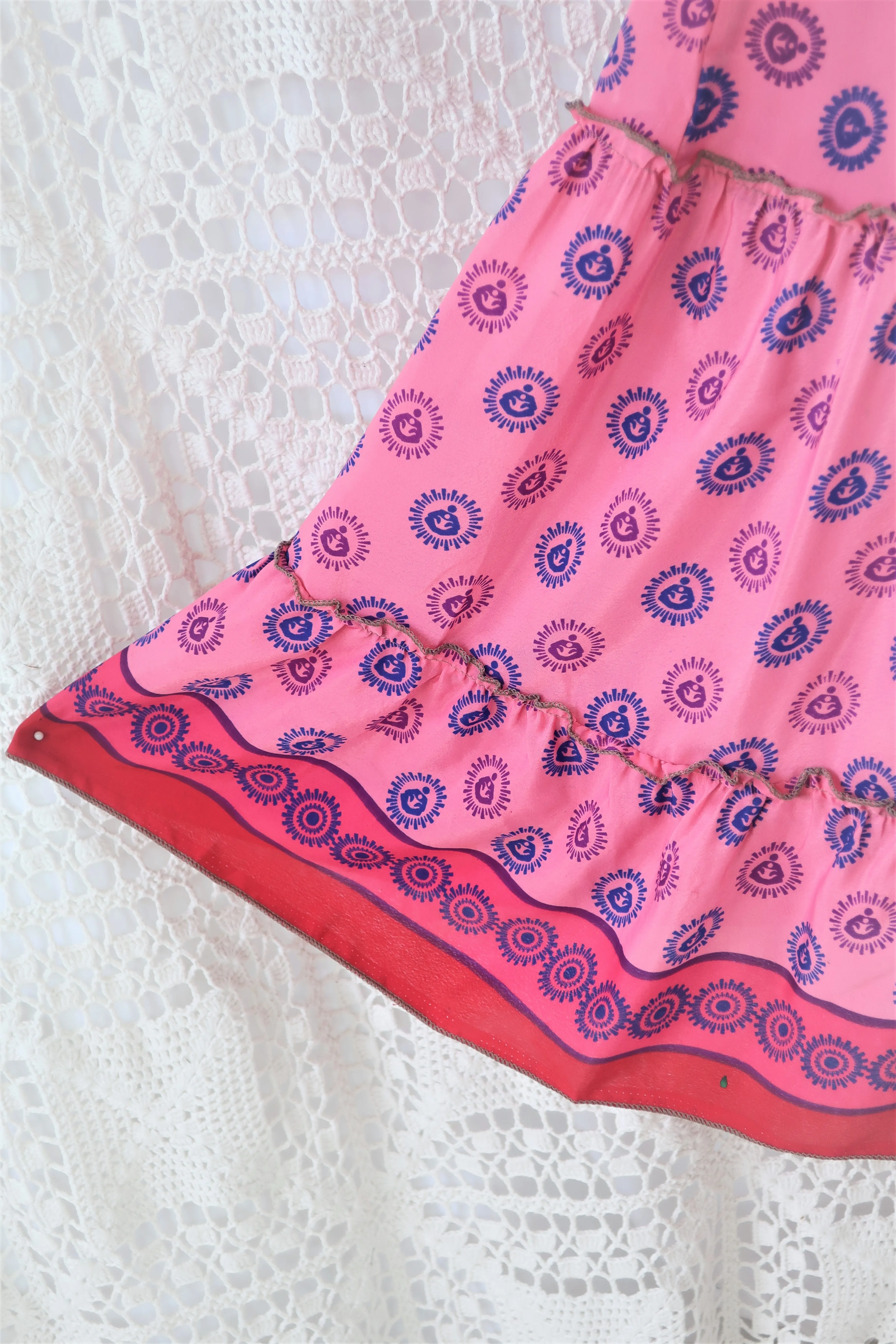 Cherry Midi Dress - Vintage Indian Sari - Bubblegum & Indigo Polka Dot - Free Size