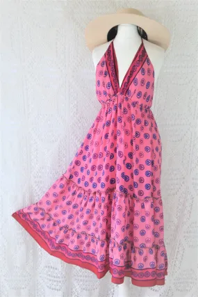 Cherry Midi Dress - Vintage Indian Sari - Bubblegum & Indigo Polka Dot - Free Size