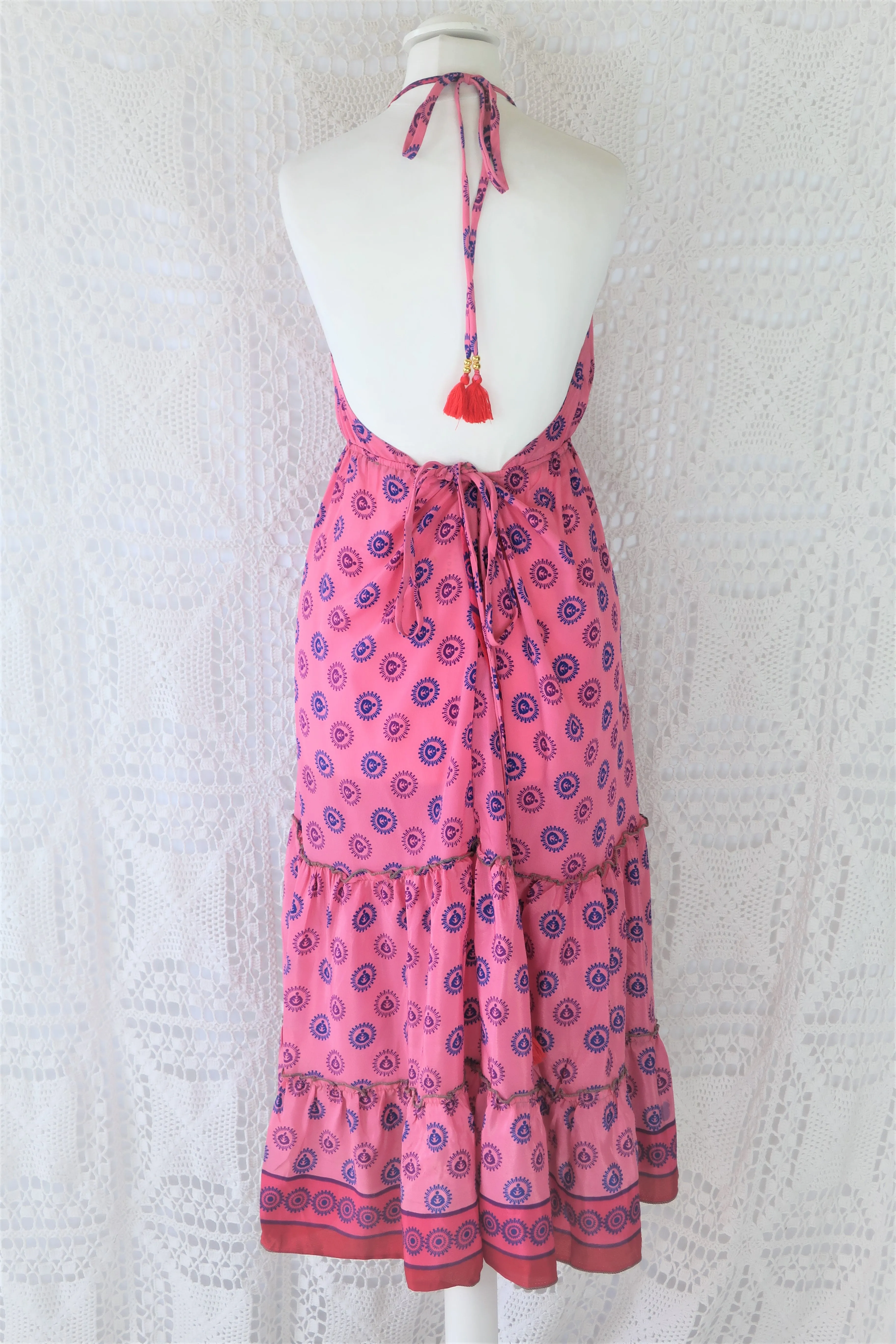 Cherry Midi Dress - Vintage Indian Sari - Bubblegum & Indigo Polka Dot - Free Size