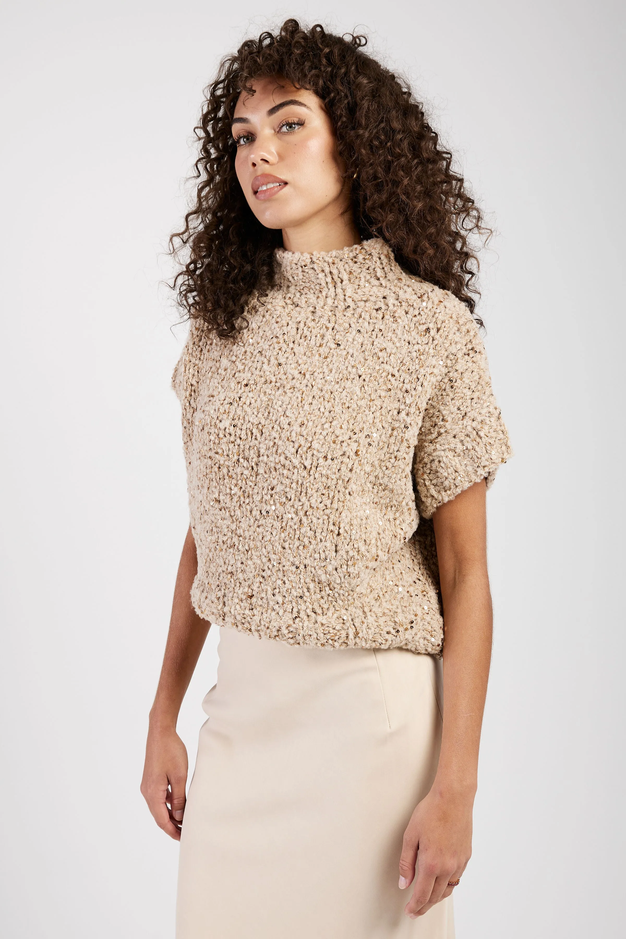 Cropped Knit Wool Sweater in Champagne