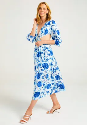 Cut-Out Midi Dress with Buckle in White Blue Floral