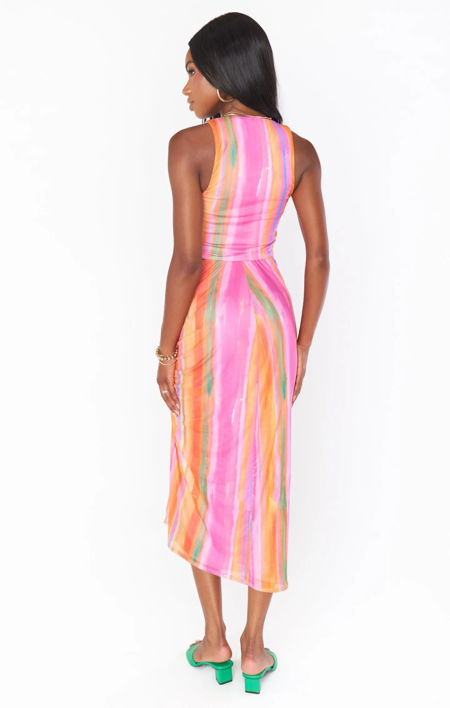 Dazy Sunrise Stripe Mesh Midi Skirt Multi