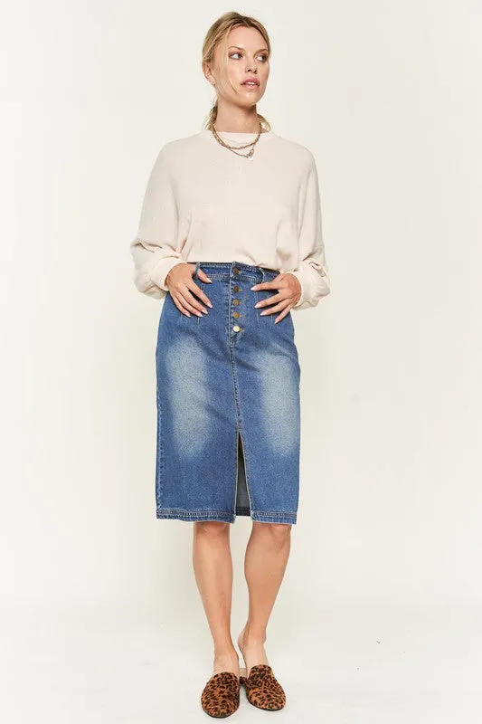 Denim Button Down Front Midi Skirt