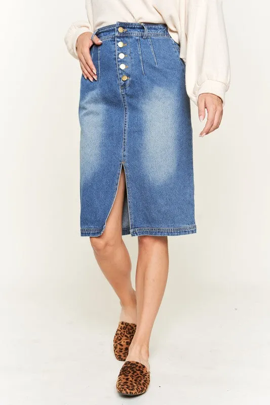 Denim Button Down Front Midi Skirt