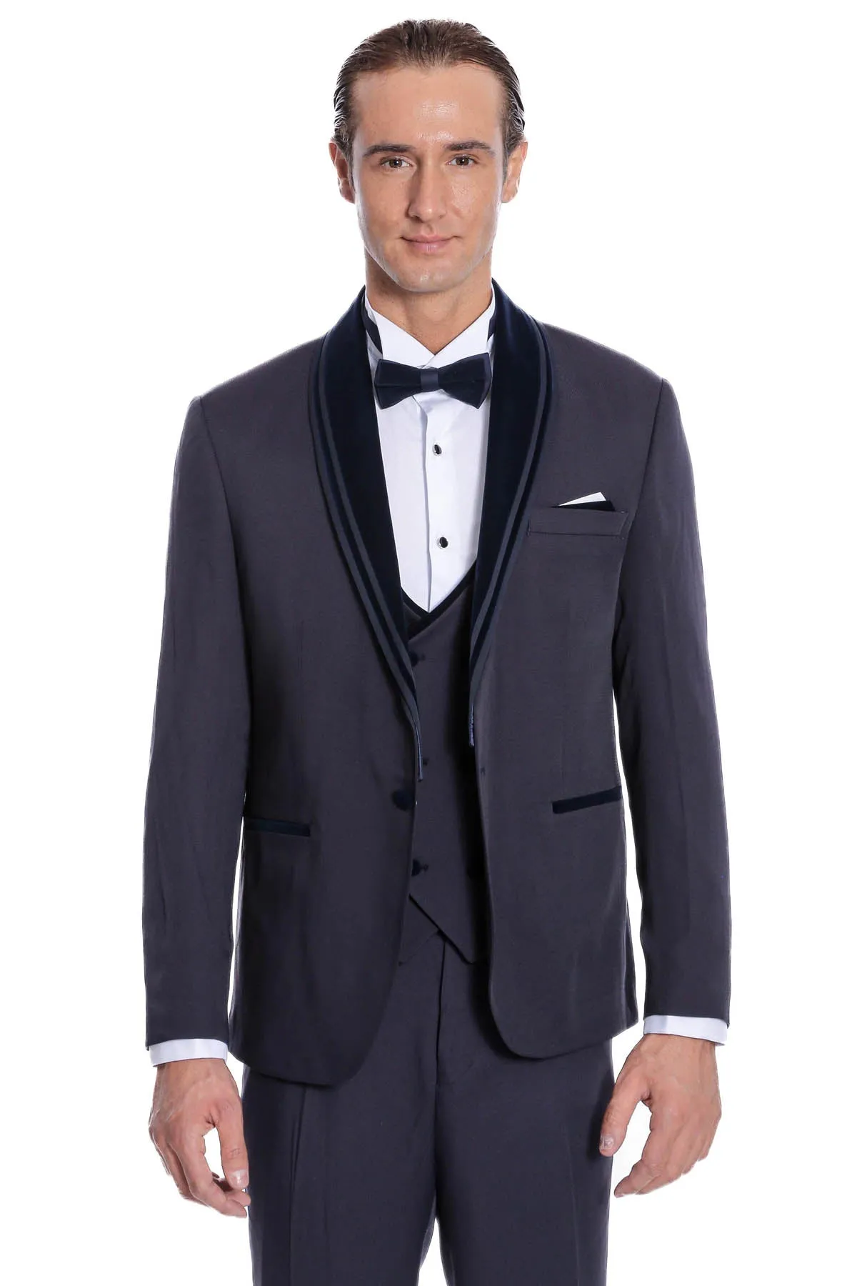 Detachable Velvet Lapel Navy Blue Tuxedo - Wessi