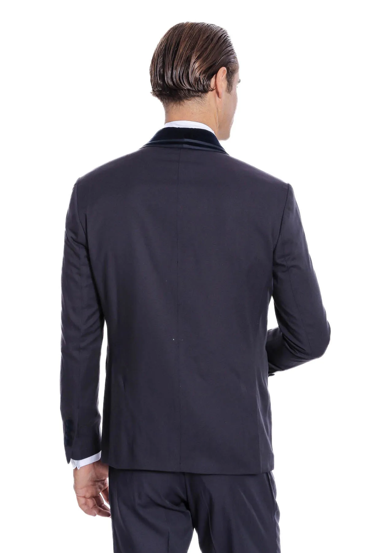 Detachable Velvet Lapel Navy Blue Tuxedo - Wessi