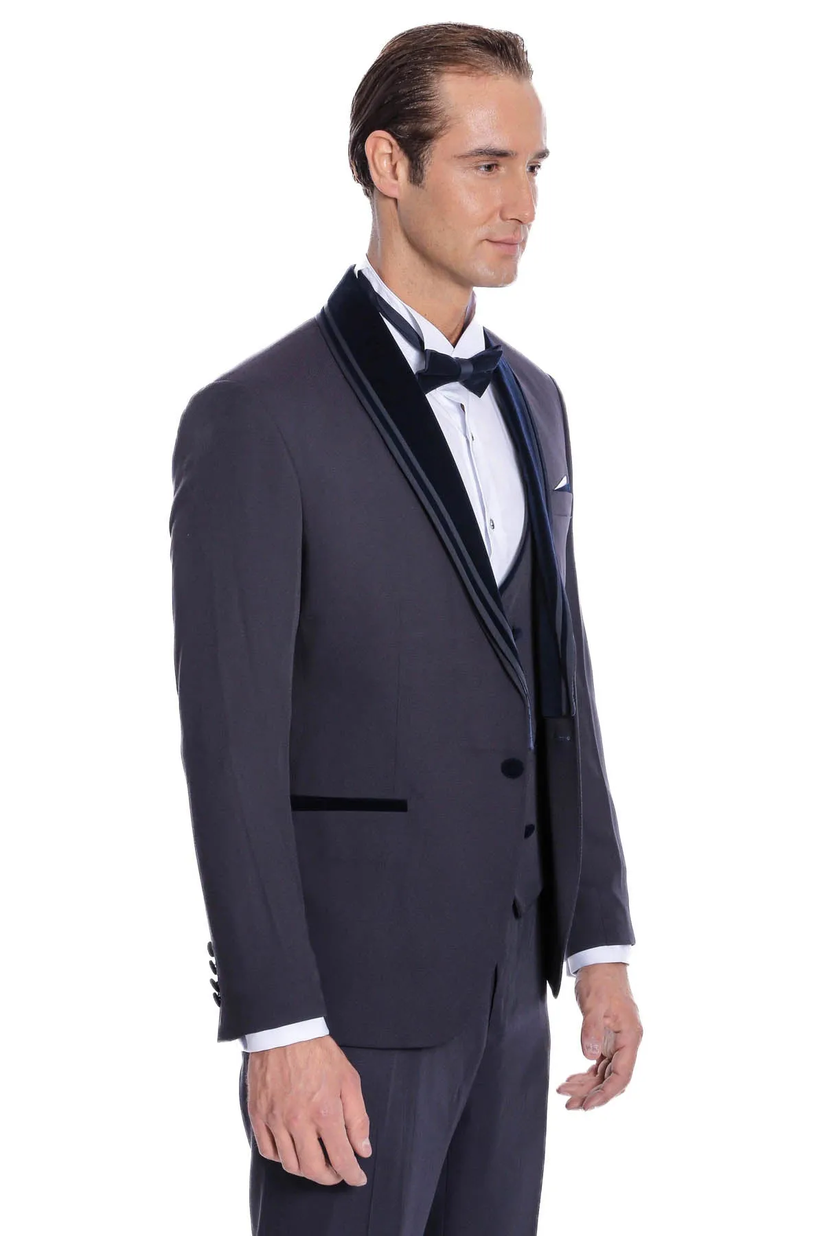 Detachable Velvet Lapel Navy Blue Tuxedo - Wessi