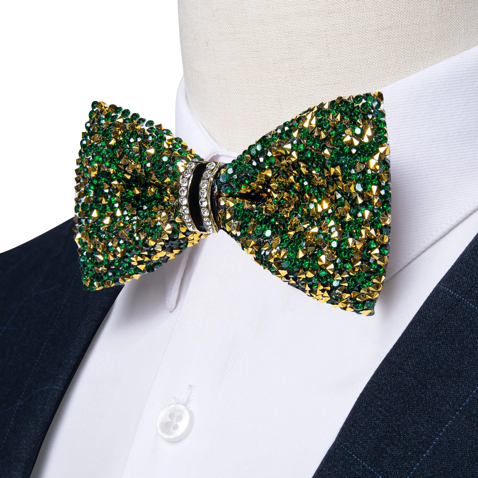 DiBanGu Imitation Crystal Bowtie Green Golden Diamond Men's Pre-Bow Tie