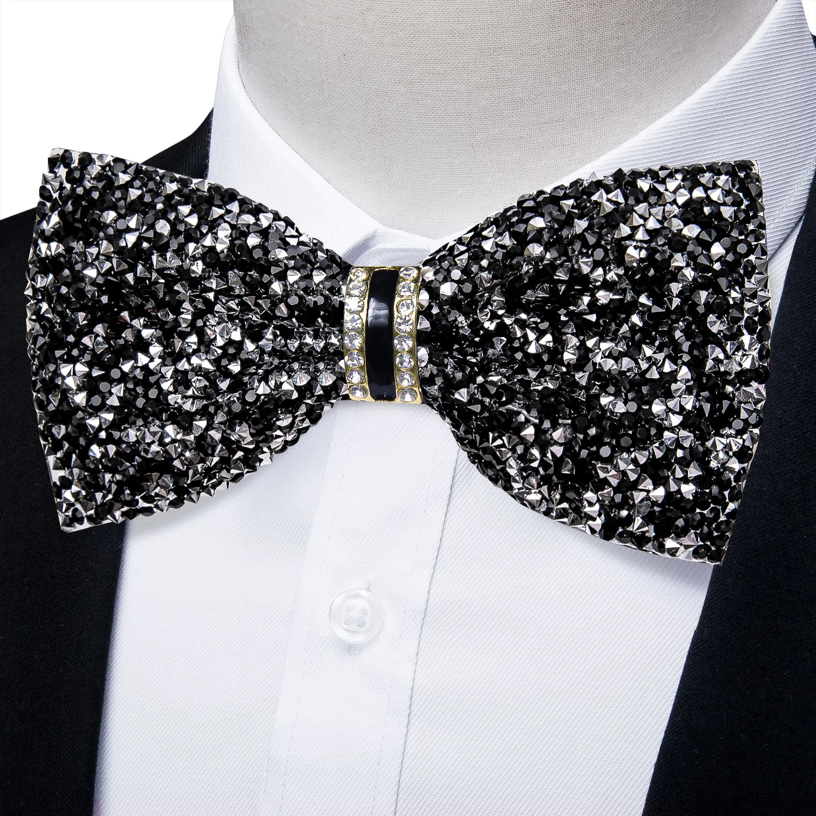 DiBanGu Imitation Diamond Bow Tie Black Silver Crystal Men's Pre Tied Bow Ties