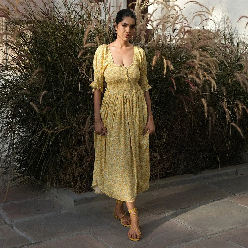 Ecovero Dress For Women | Elastic Cuffs | Puff Sleeves | Yellow