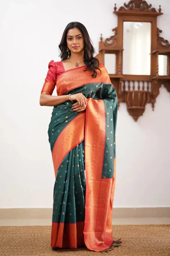 Eloquence Dark Green Soft Silk Saree With Evocative Blouse Piece