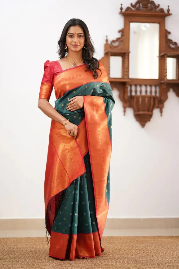 Eloquence Dark Green Soft Silk Saree With Evocative Blouse Piece