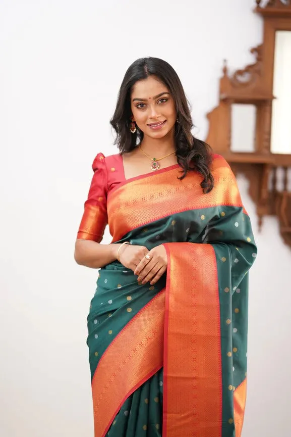 Eloquence Dark Green Soft Silk Saree With Evocative Blouse Piece