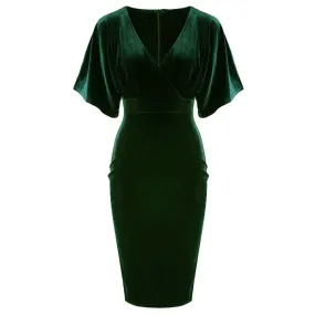 Emerald Green Velour Half Batwing Sleeve Crossover Top Wiggle Dress