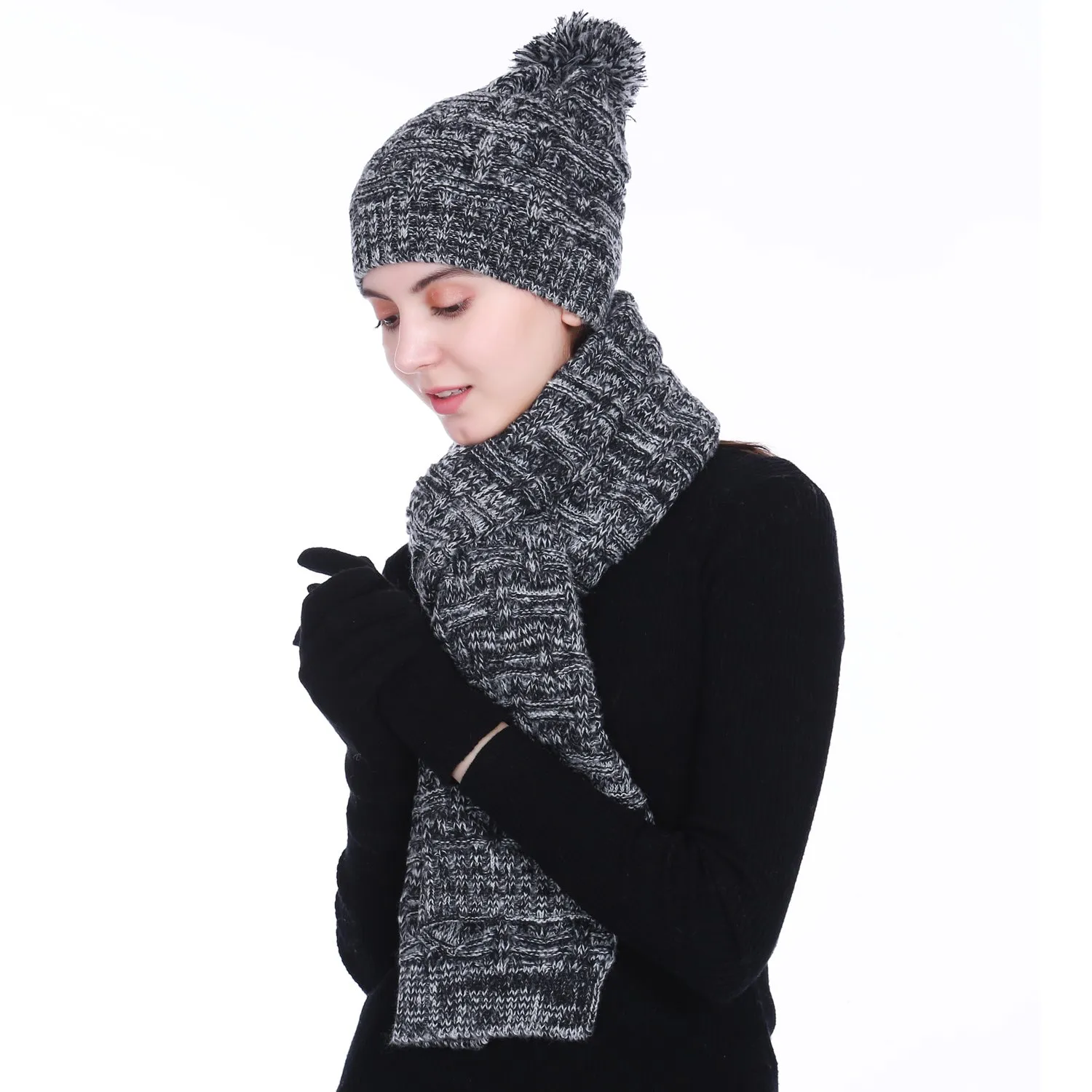 Empire Cove 3 Piece Beanie Scarf Gloves Gift Set Winter Warm Knitted Pom Pom