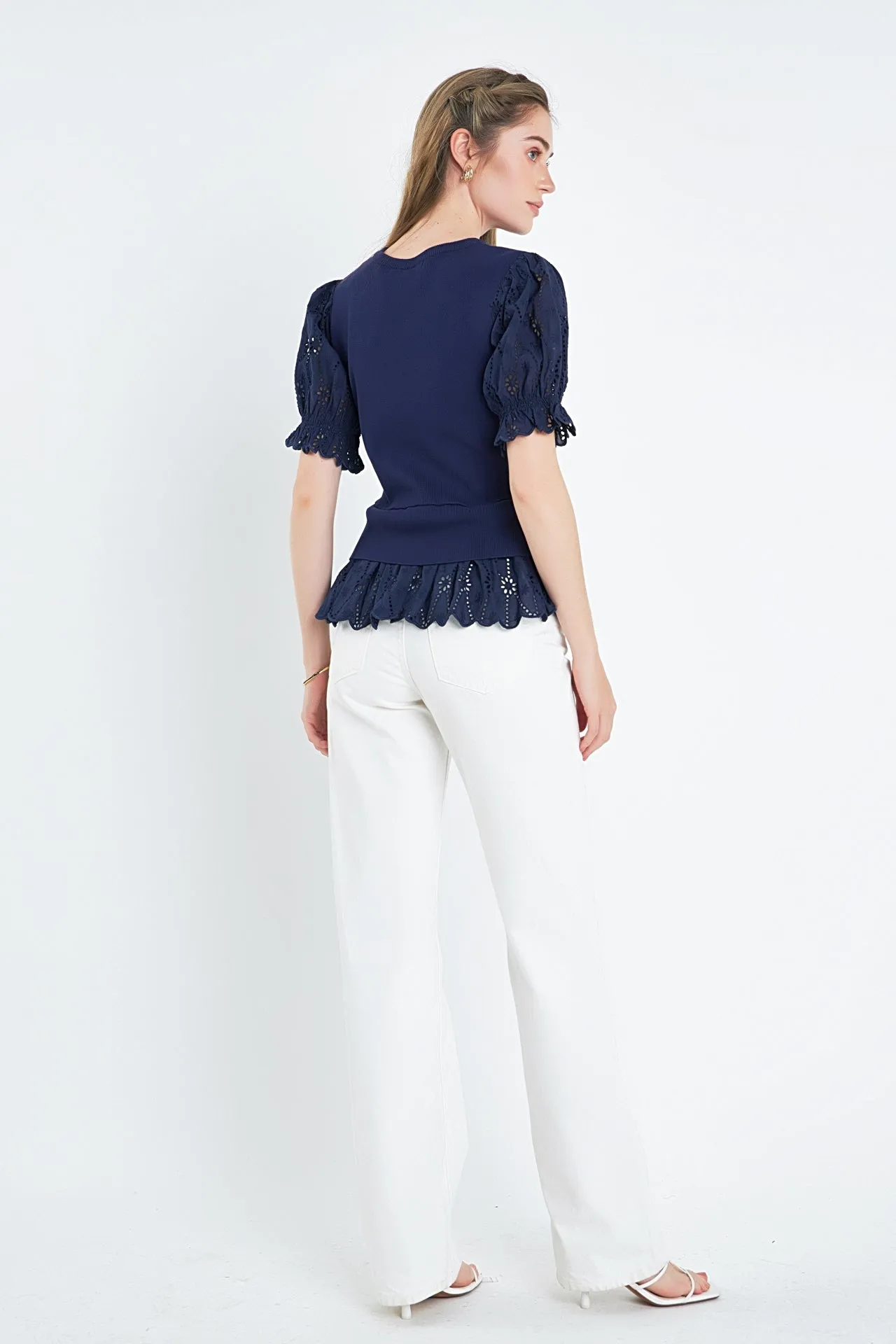 English Factory - Eyelet Mixed Media Knit Top