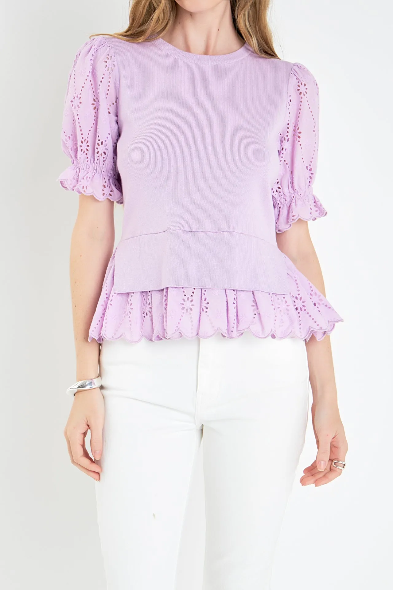 English Factory - Eyelet Mixed Media Knit Top