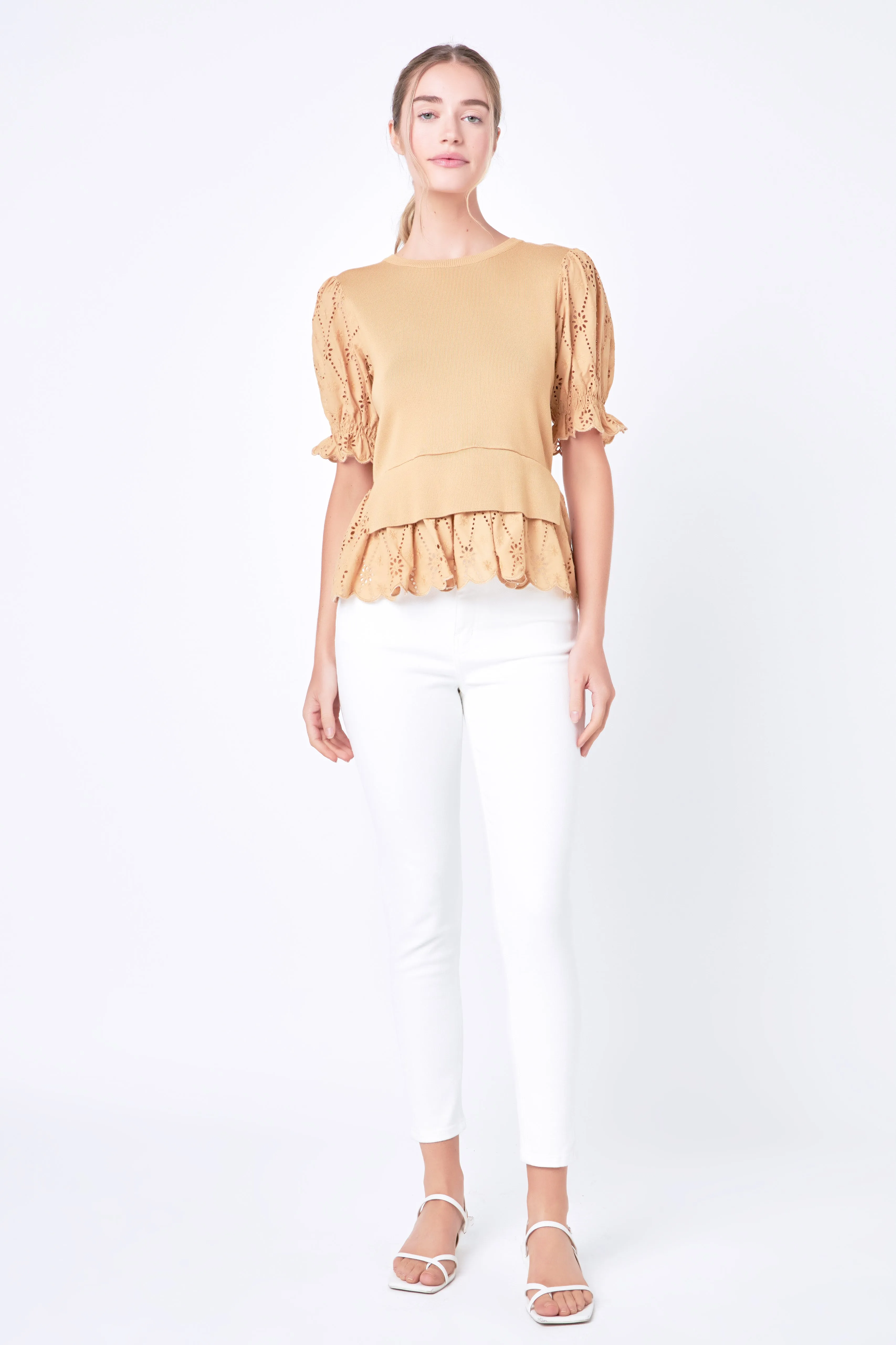 English Factory - Eyelet Mixed Media Knit Top