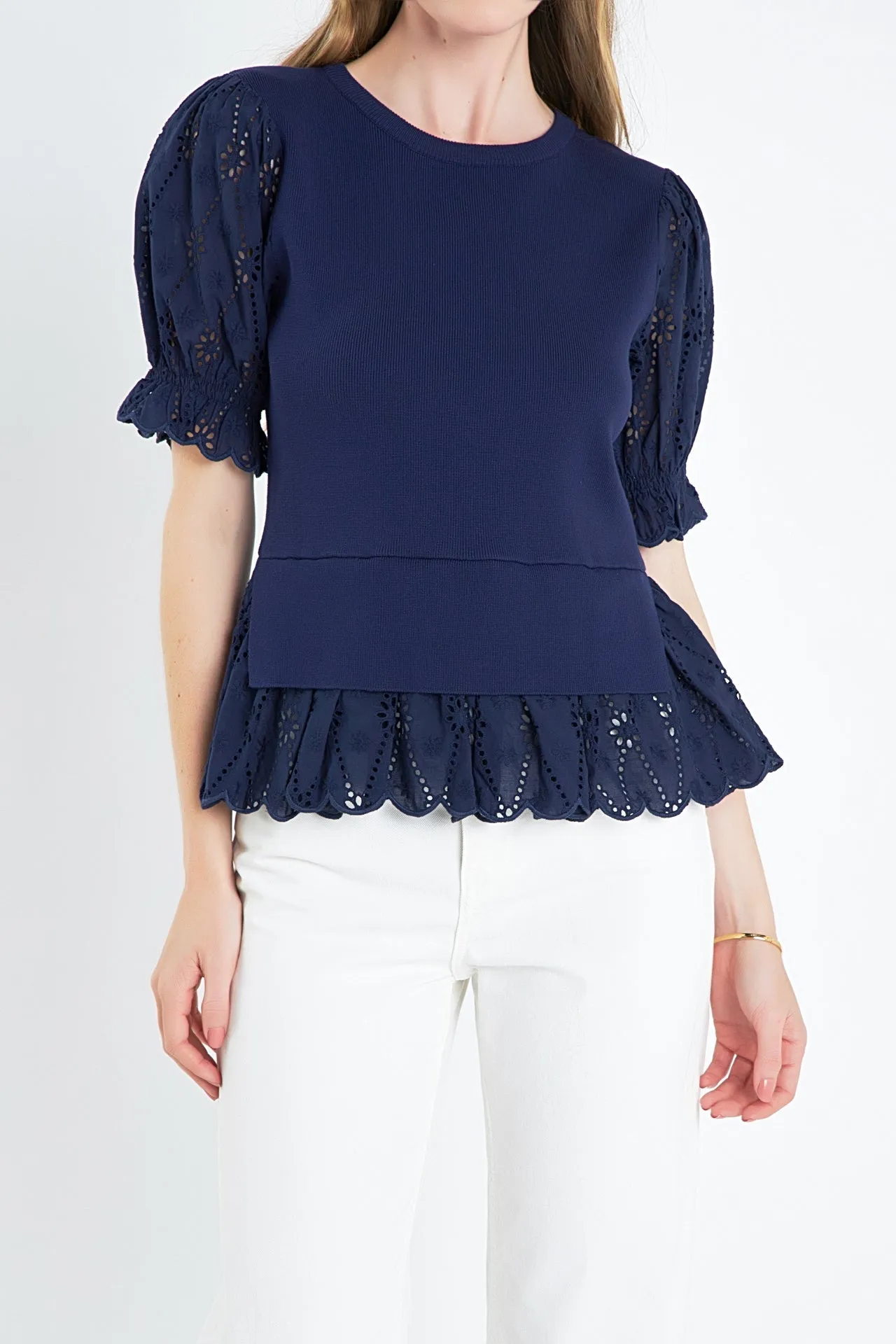 English Factory - Eyelet Mixed Media Knit Top