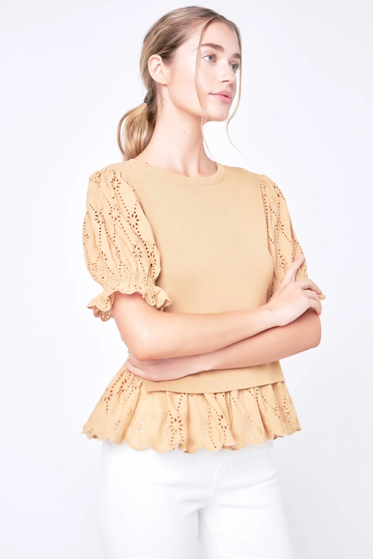 English Factory - Eyelet Mixed Media Knit Top