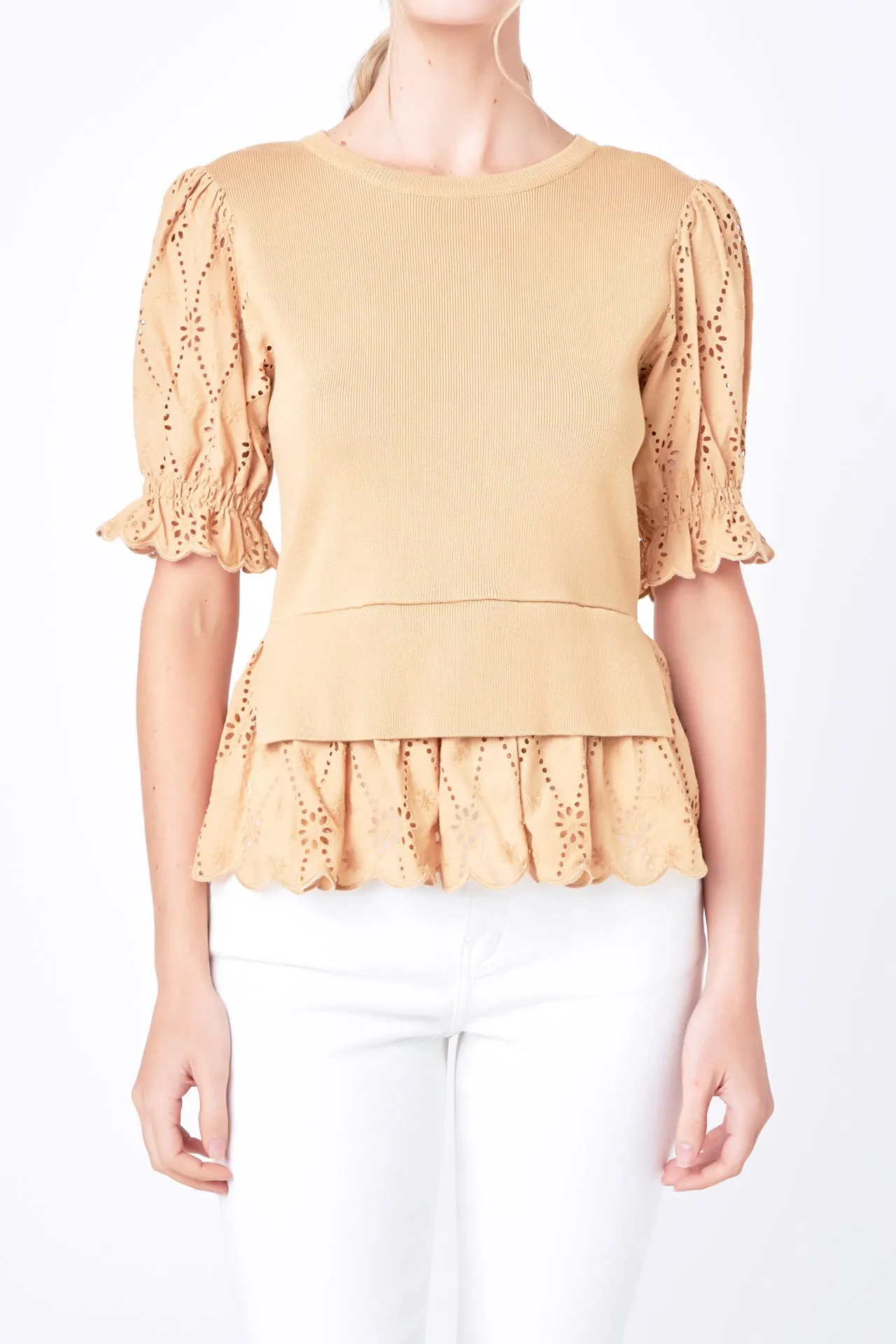 English Factory - Eyelet Mixed Media Knit Top