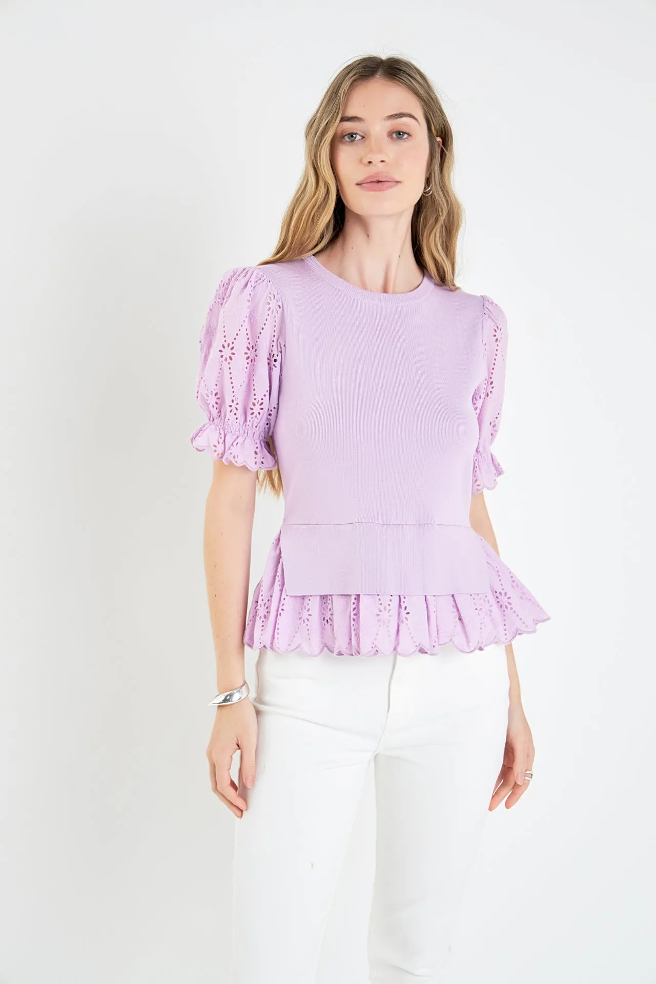 English Factory - Eyelet Mixed Media Knit Top