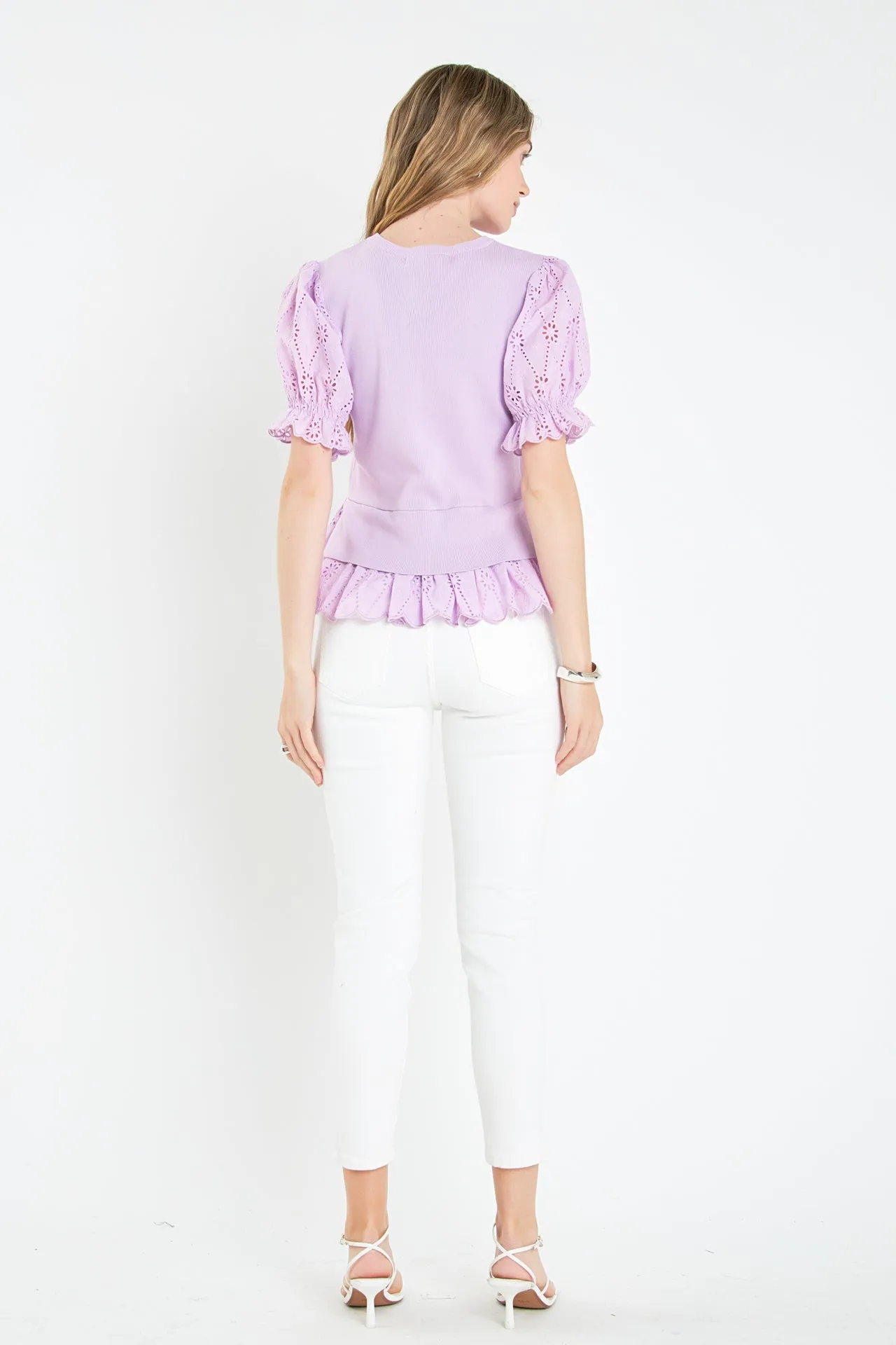 English Factory - Eyelet Mixed Media Knit Top