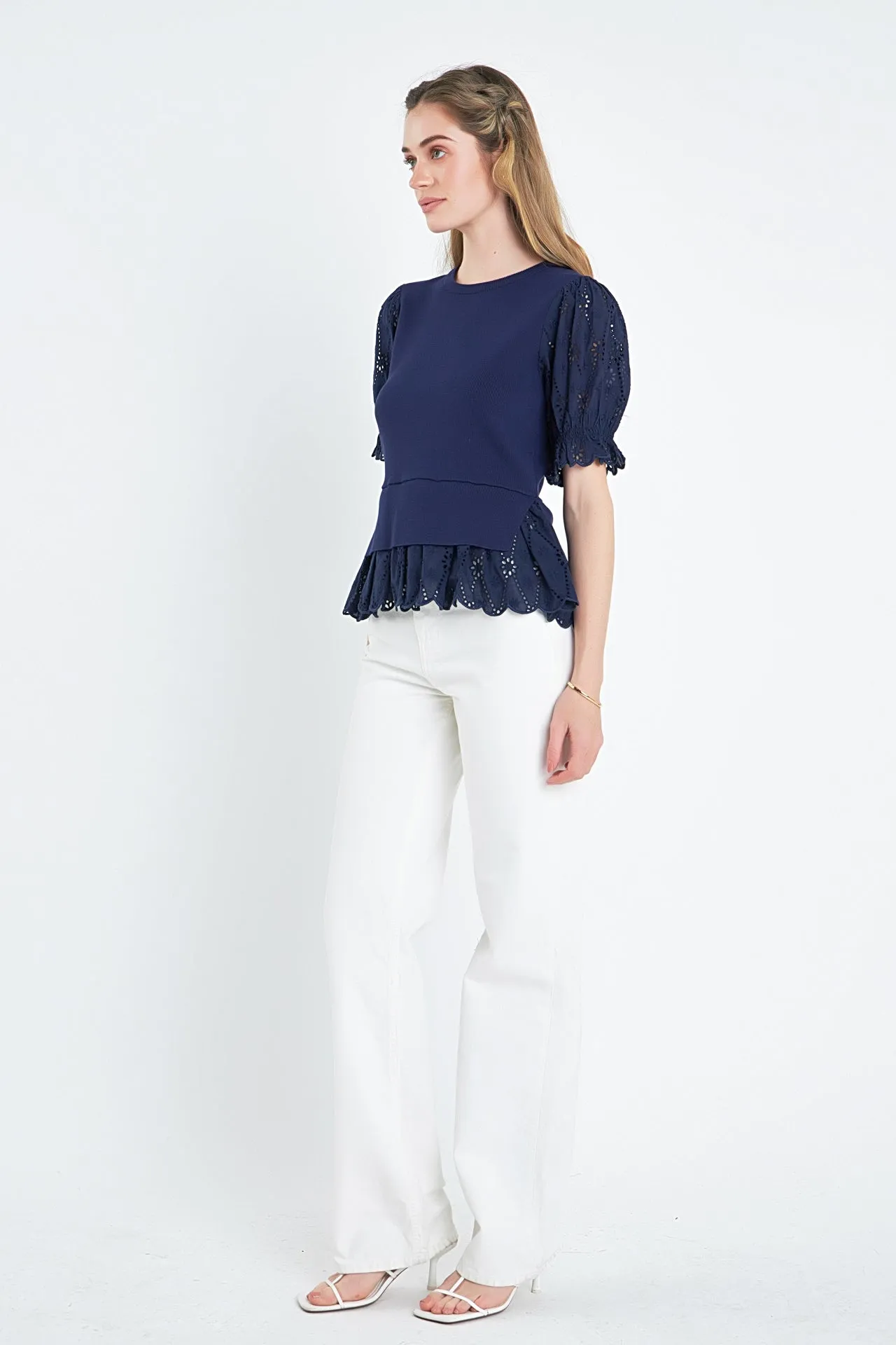 English Factory - Eyelet Mixed Media Knit Top