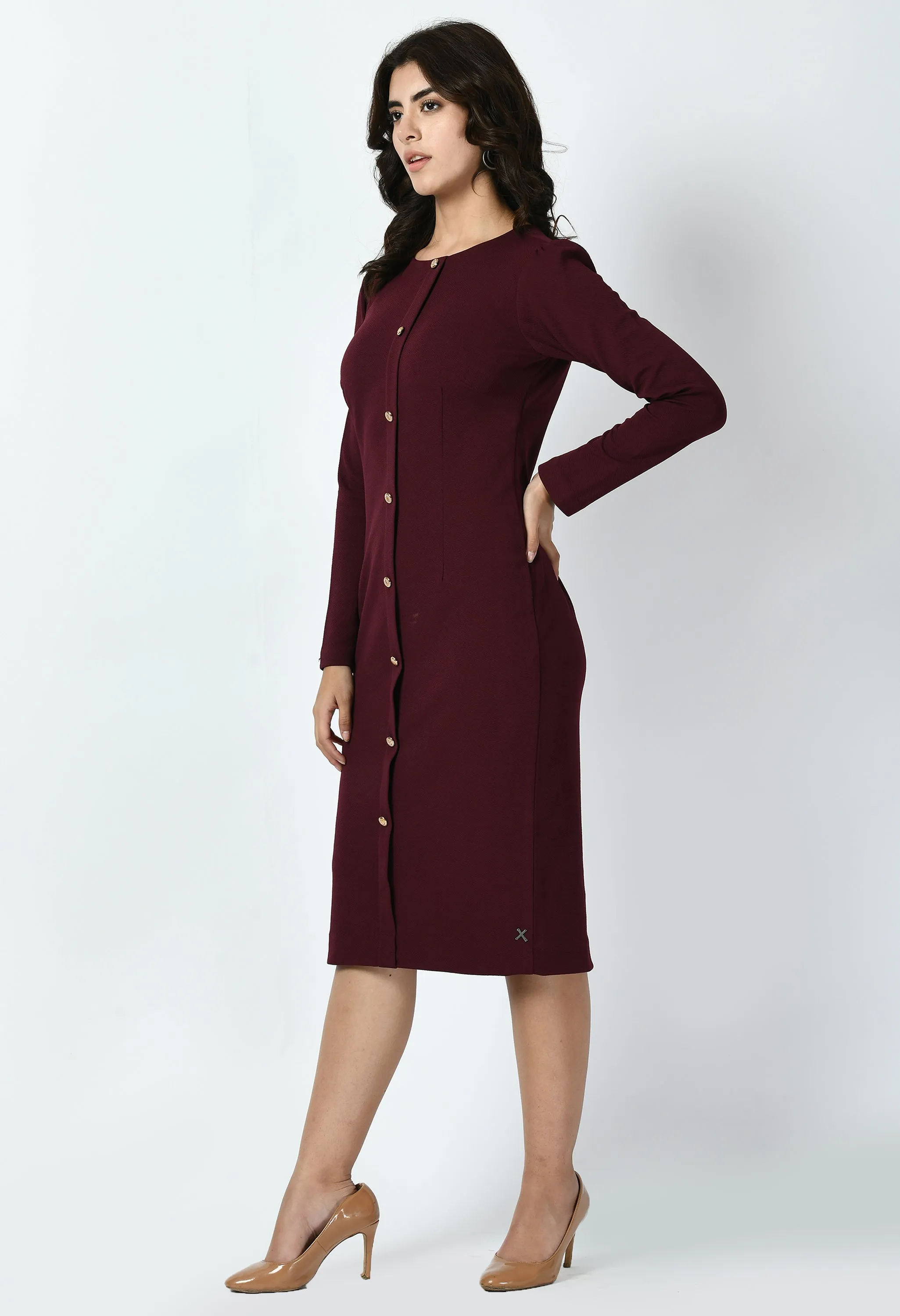 Exude Acme Button Down Midi Sheath Dress (Wine)