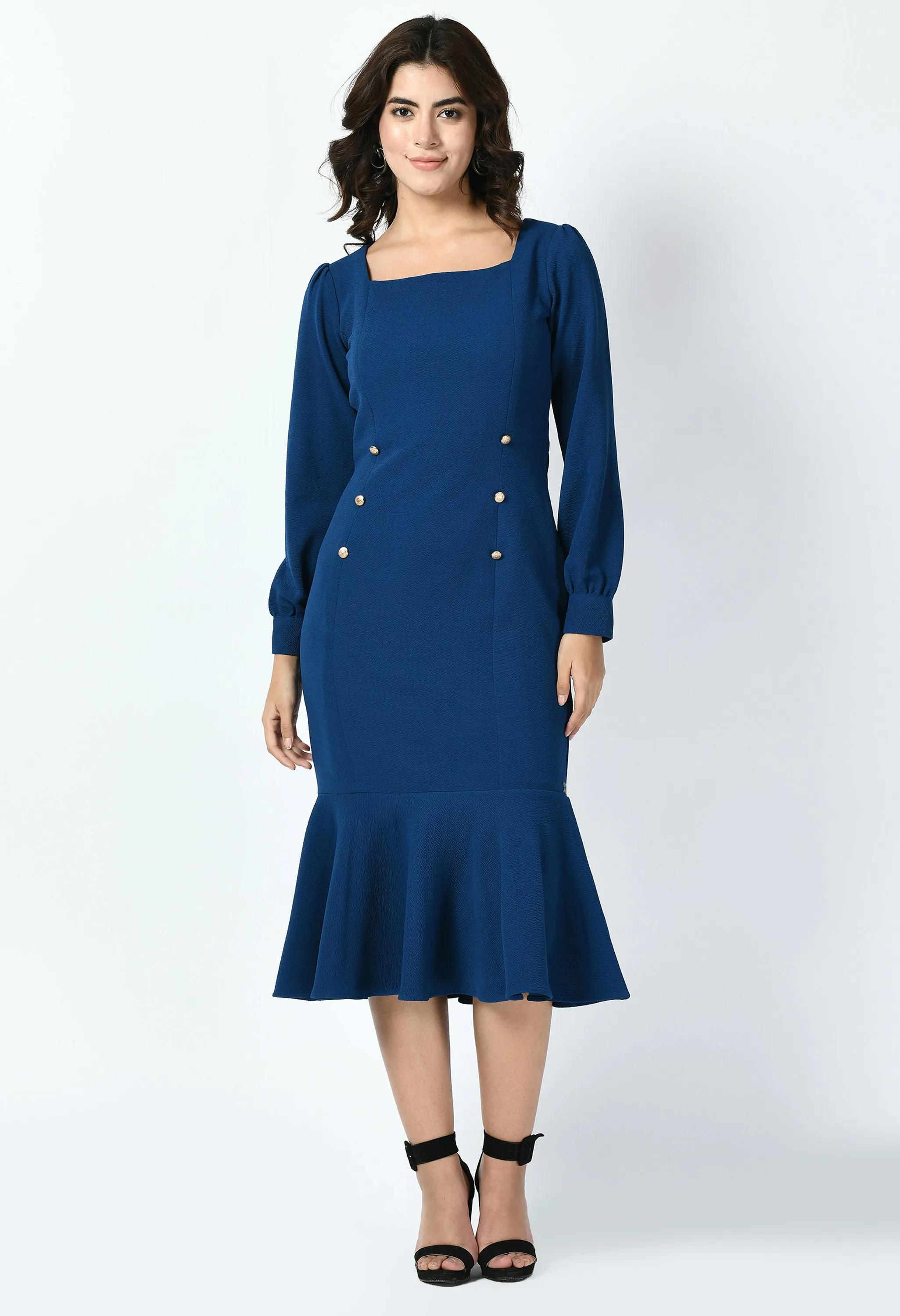 Exude Apogee Fishtail Midi Dress (Royal Blue)