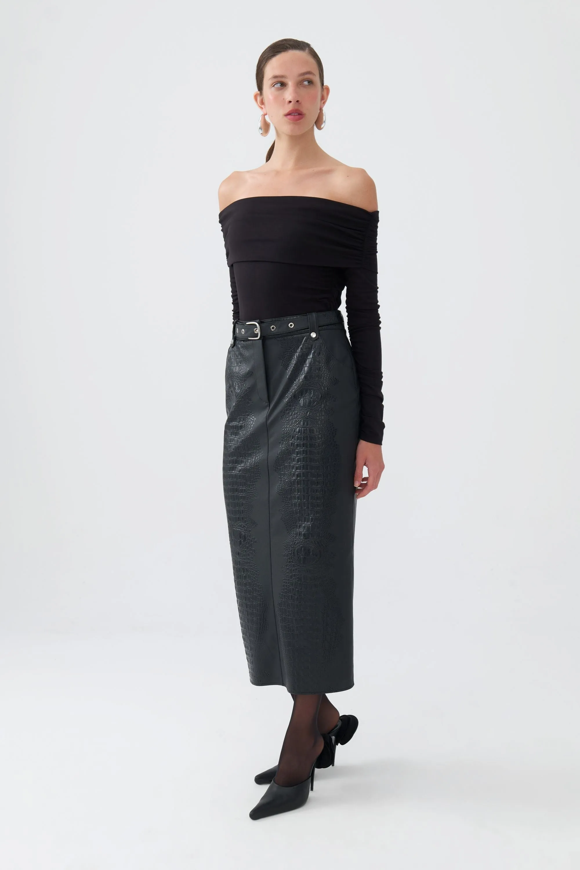 Eyelet Belted Midi Skirt