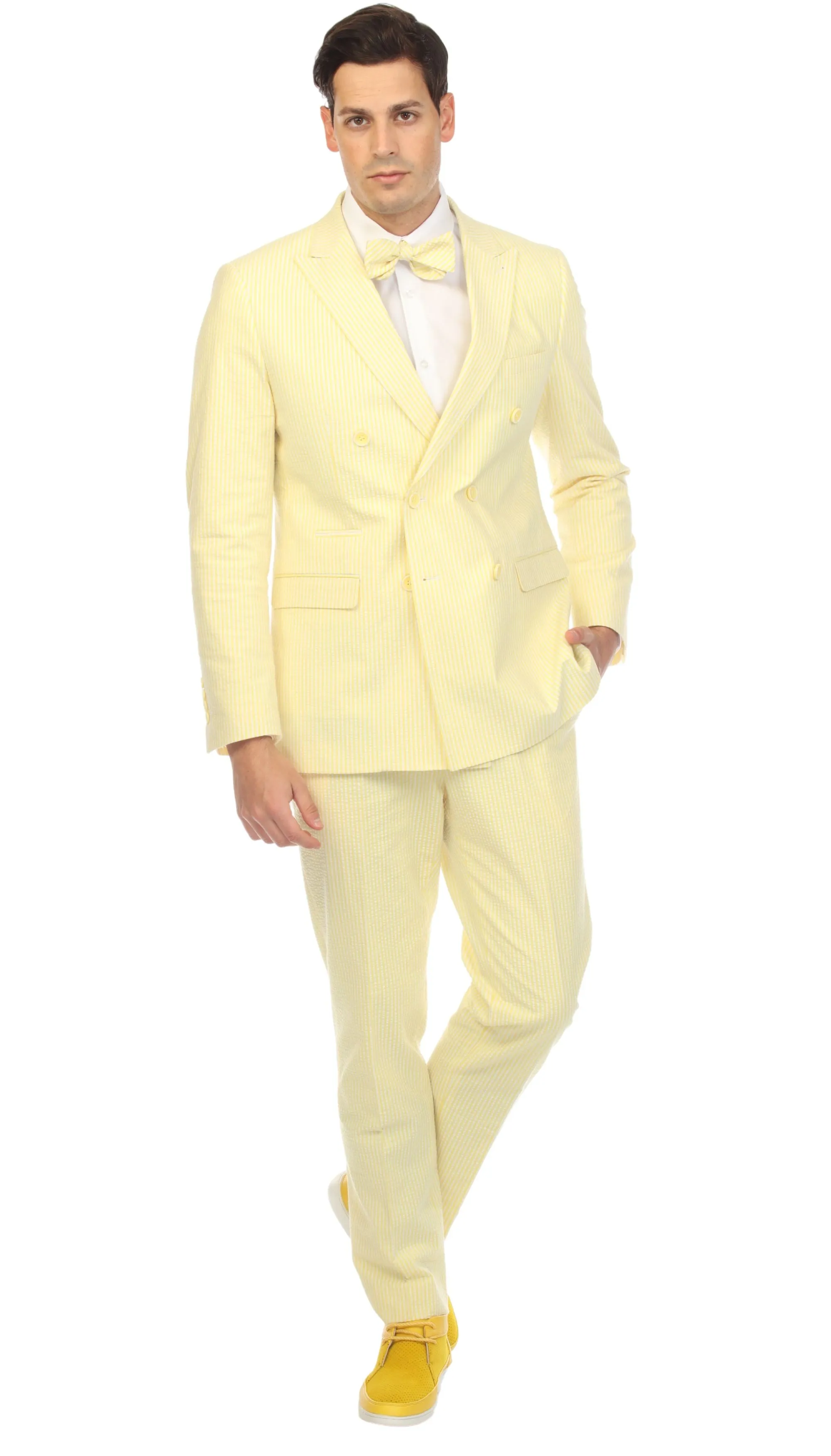 Ferrecci Cotton Slim fit Yellow Double Breasted Peak Lapel 6 Button Seersucker Suit With Ticket Pocket( Vest Optional )