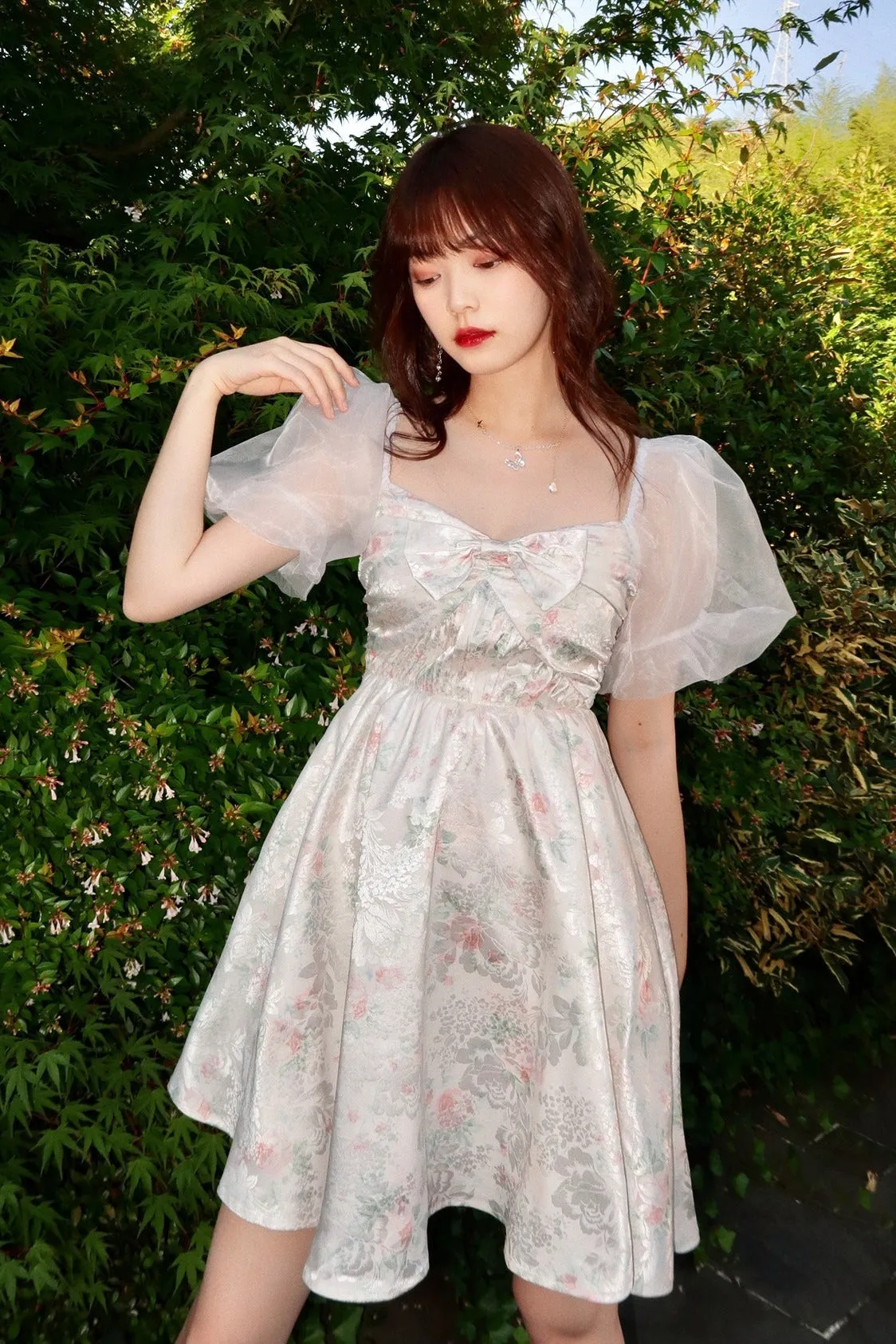 FLYTONN-spring summer dress Vacation photography outfits Noel Satin Mesh Puff Dress ~