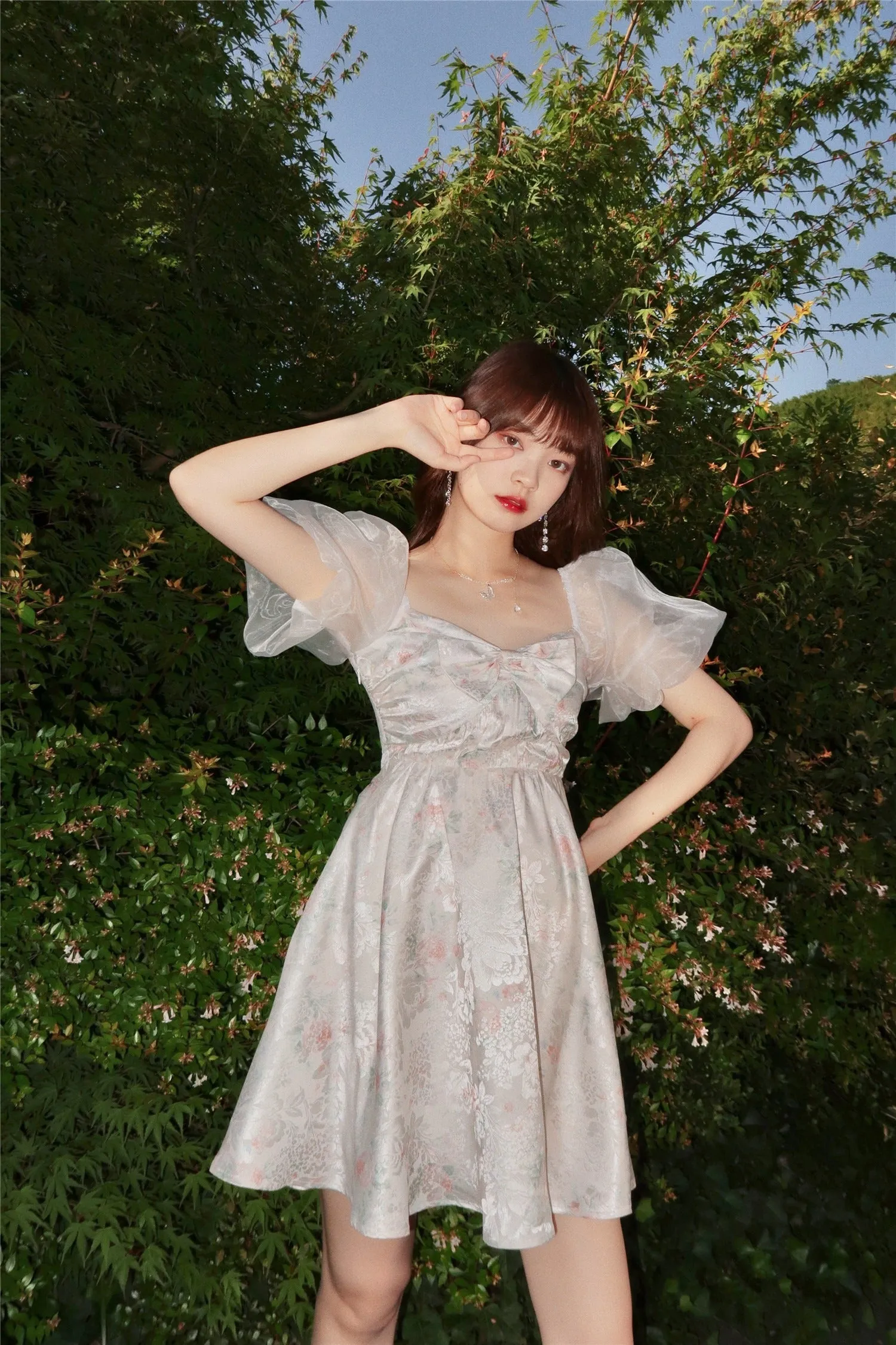 FLYTONN-spring summer dress Vacation photography outfits Noel Satin Mesh Puff Dress ~