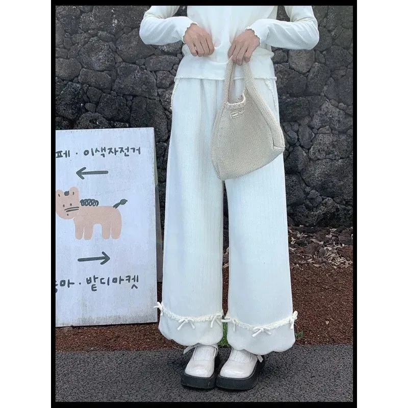 Girlary White Sweet Bow Lace Corduroy Pants Women Wide Leg Straight Japanese Fashion Baggy Trousers Kawaii Warm Winter Casual