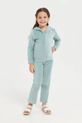 Girls Green Textured Corduroy Jogger Set (2 Piece)