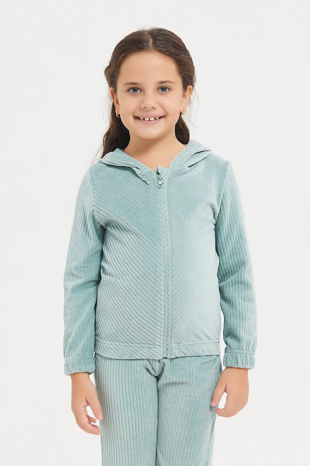 Girls Green Textured Corduroy Jogger Set (2 Piece)