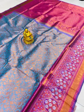 Gleaming Sky Kanjivaram Silk Saree With Gratifying Blouse Piece