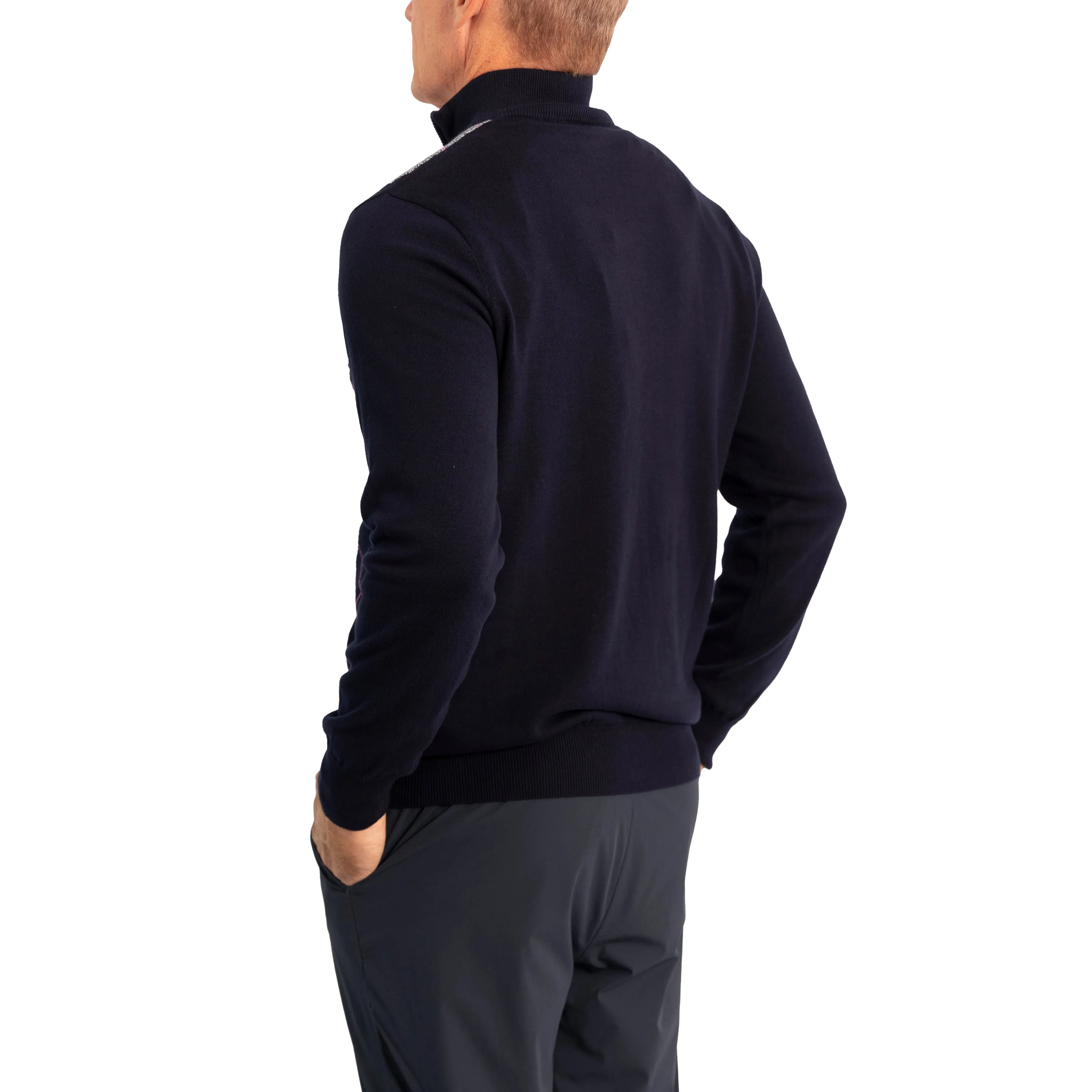 Glenmuir Lauder Quarter Zip Diamond Argyle Cotton Golf Pullover - Navy/ White