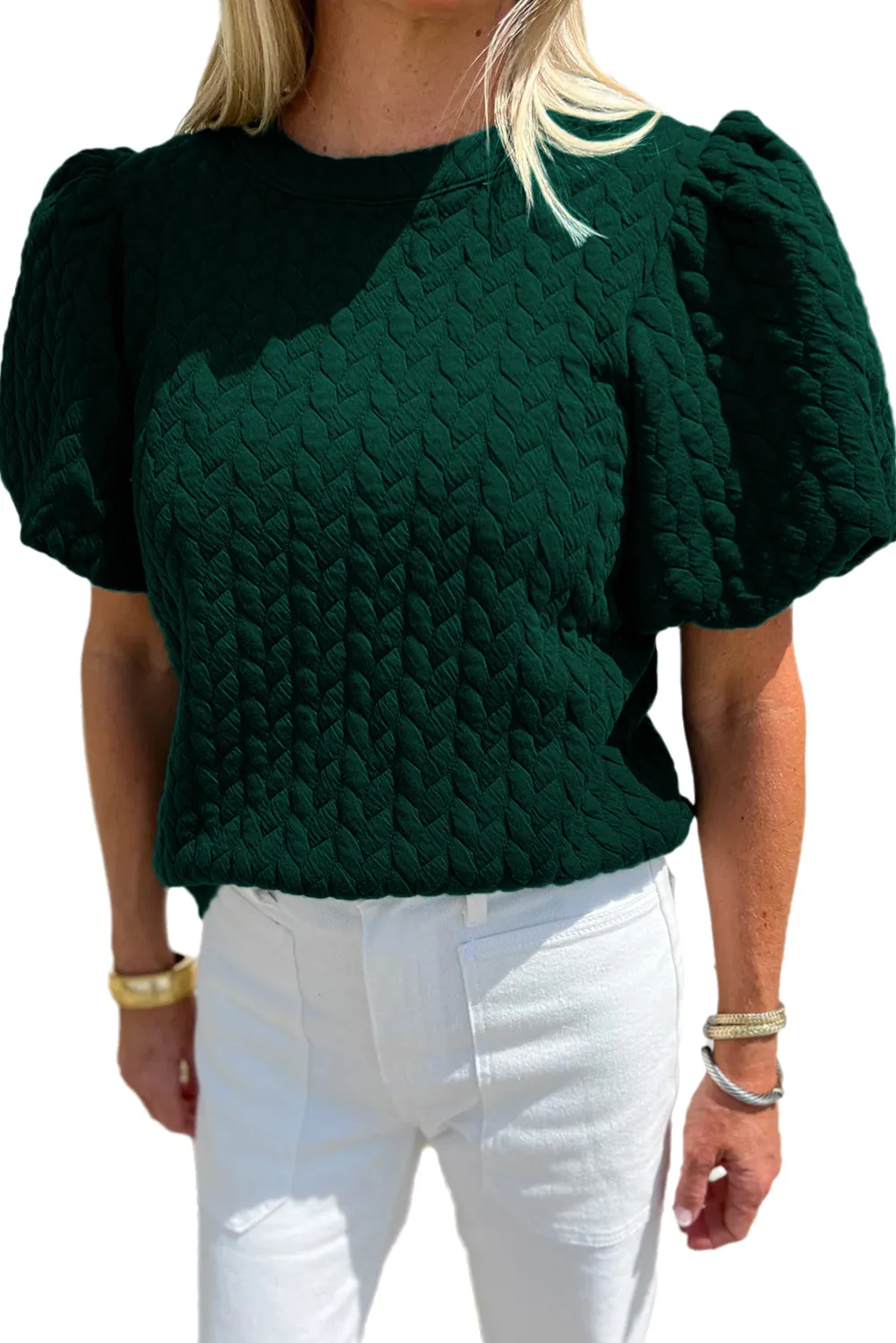 Gothic Outlaws Green Solid Color Textured Puff Sleeve Top 🍃 – Get Ready to Turn Heads