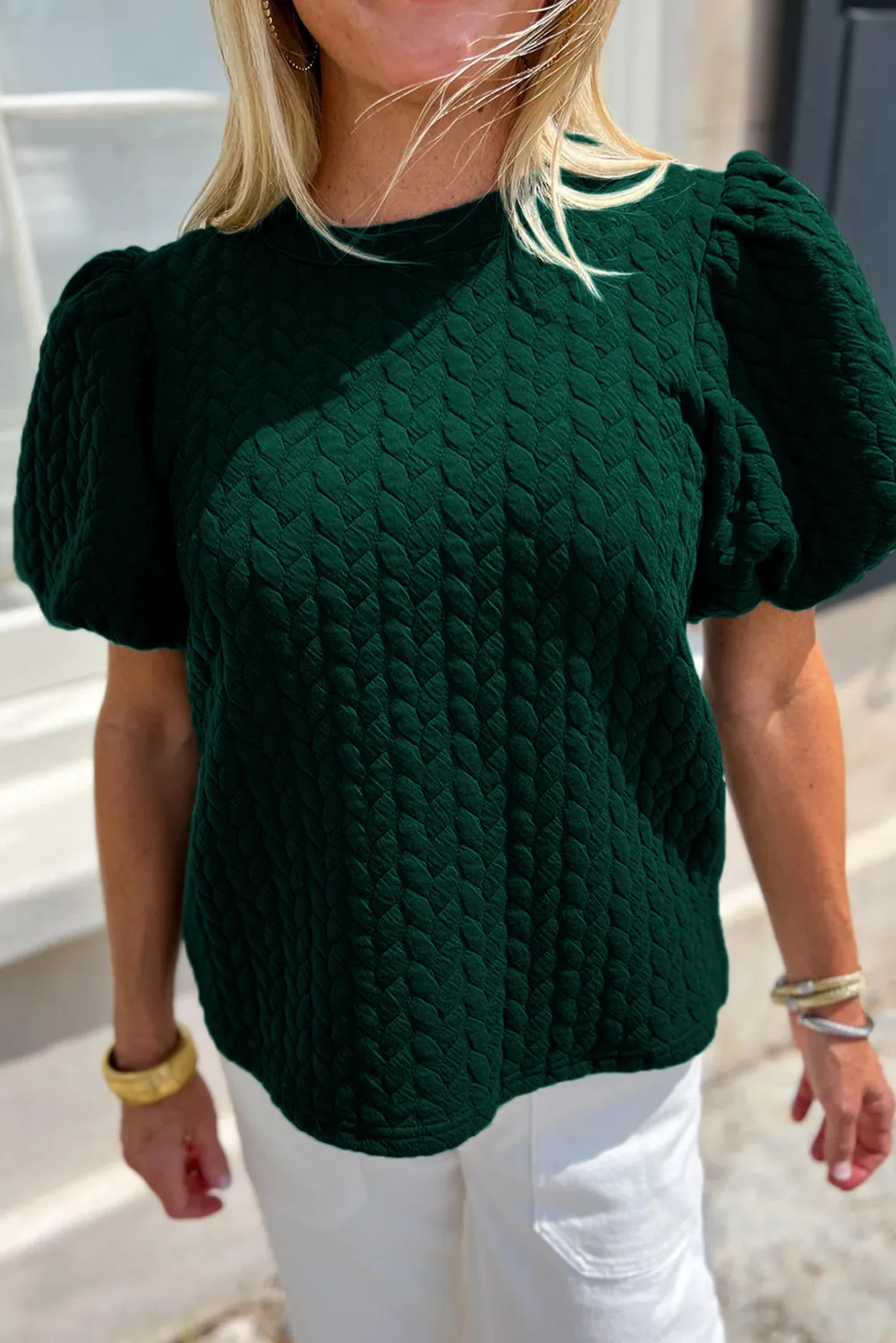 Gothic Outlaws Green Solid Color Textured Puff Sleeve Top 🍃 – Get Ready to Turn Heads