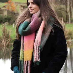 Green and Pink Fluffy Check Scarf