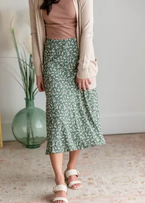 Green Ditsy Floral Simple Midi Skirt