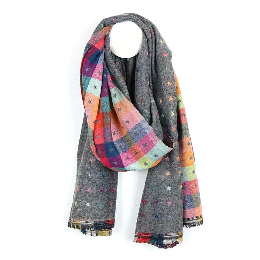 Grey Reversible Multicoloured Stars & Check Scarf