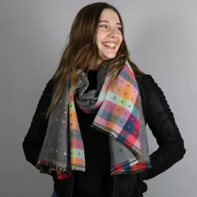 Grey Reversible Multicoloured Stars & Check Scarf