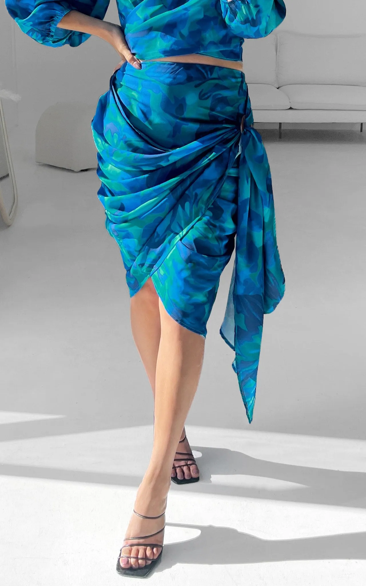 Havana Wrap Midi Skirt - Blue Green Print