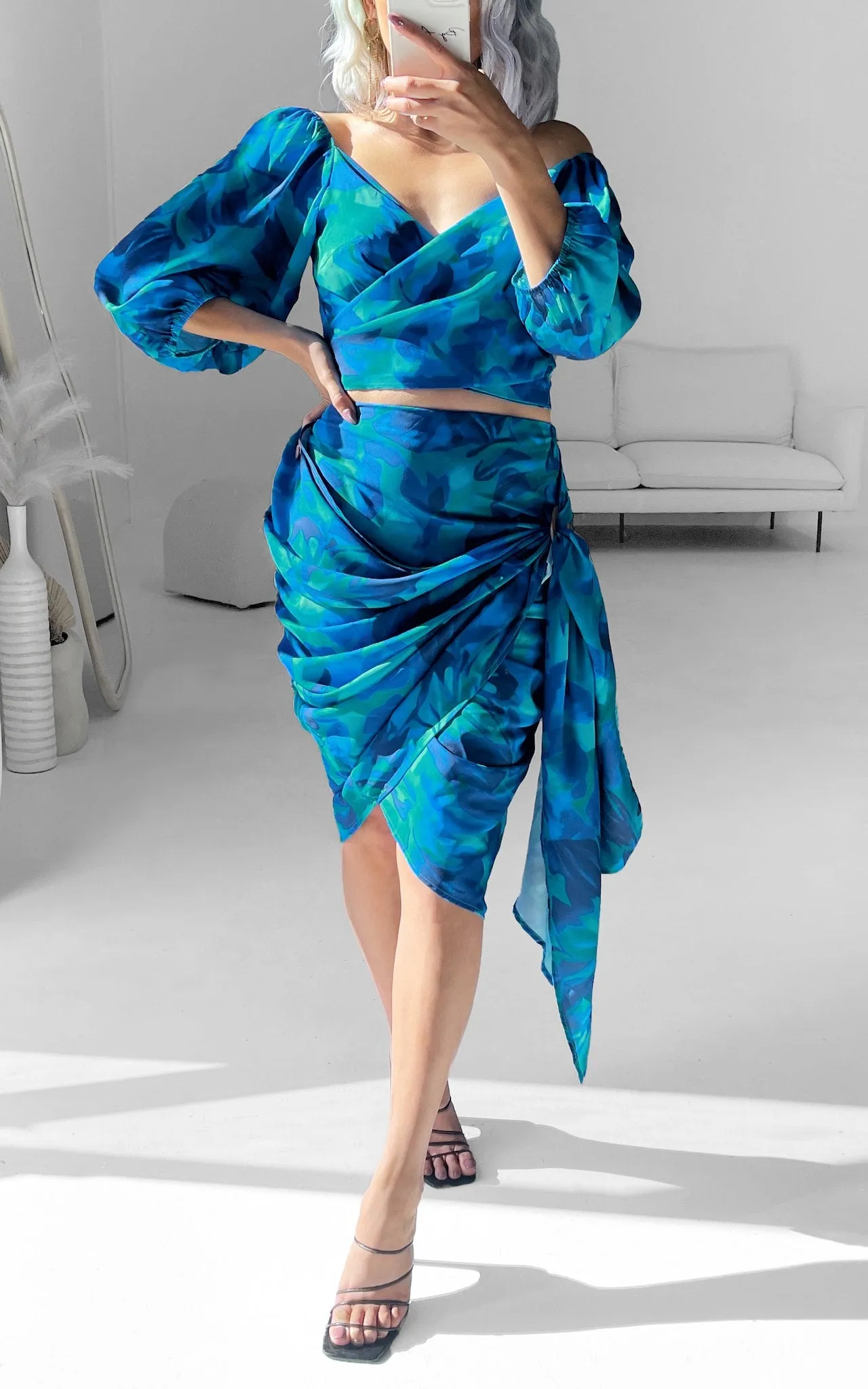 Havana Wrap Midi Skirt - Blue Green Print