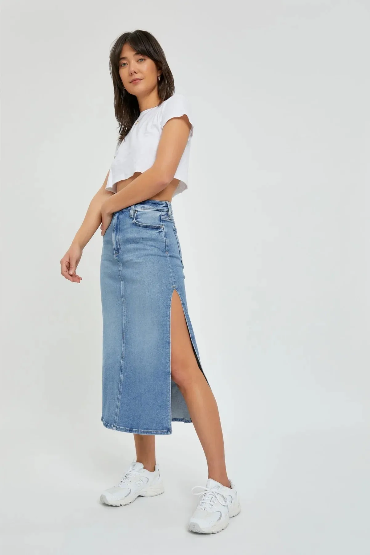 Hidden Jeans Peyton Midi Skirt with Side Slit - MEDIUM DENIM